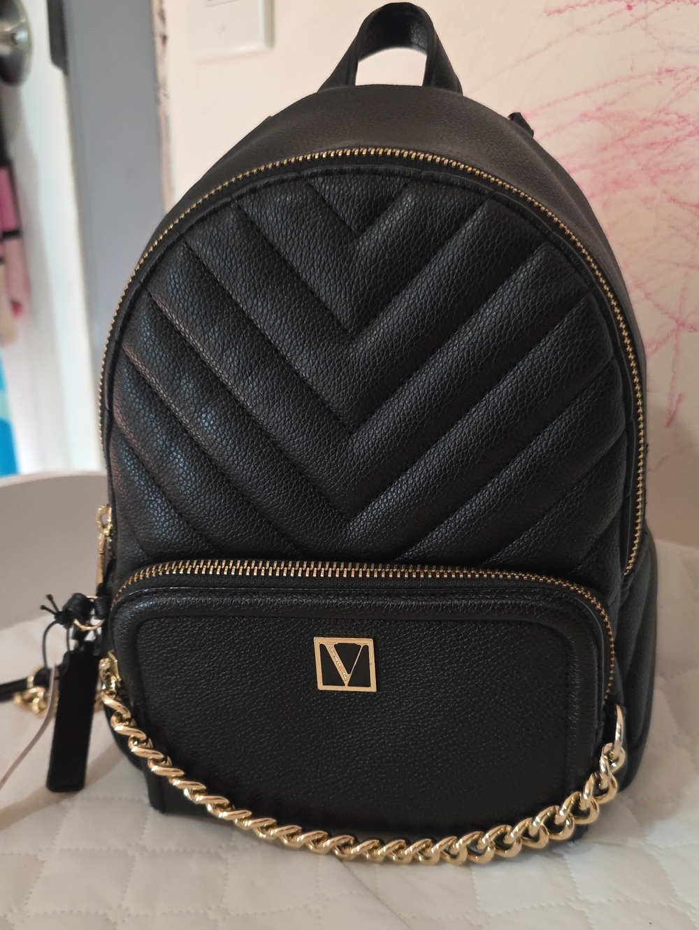 Mini Backpack Victoria Secret Color Black with Gold Chain Detail
